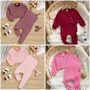 سوت بناتي قطعتين "ريب عريض" - طقم سالوبيت وكاردجان (ألوان متعددة)